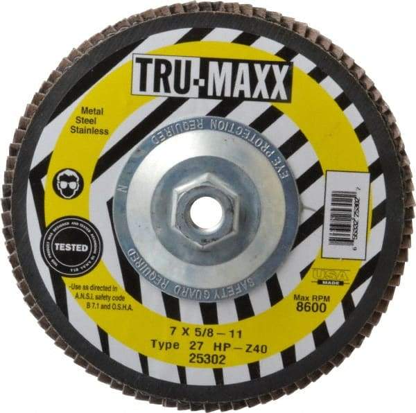 Tru-Maxx - 40 Grit, 7" Disc Diam, 5/8-11 Center Hole, Type 27 Zirconia Alumina Flap Disc - 8,600 Max RPM, Arbor Attaching System, Coated - Industrial Tool & Supply