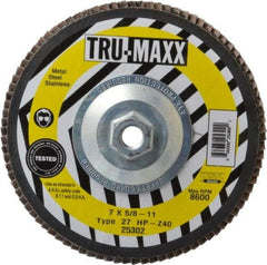 Tru-Maxx - 40 Grit, 7" Disc Diam, 5/8-11 Center Hole, Type 27 Zirconia Alumina Flap Disc - 8,600 Max RPM, Arbor Attaching System, Coated - Industrial Tool & Supply