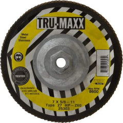 Tru-Maxx - 60 Grit, 7" Disc Diam, 5/8-11 Center Hole, Type 27 Zirconia Alumina Flap Disc - 8,600 Max RPM, Arbor Attaching System, Coated - Industrial Tool & Supply