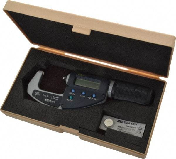 Mitutoyo - 0 to 1.2 Inch Range, 0.0001 Inch Resolution, Standard Throat, IP54 Electronic Outside Micrometer - 0.0001 Inch Accuracy, Ratchet Friction Thimble, Carbide Face, SR44 Battery, Data Output, Plastic Case - Industrial Tool & Supply