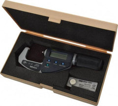 Mitutoyo - 0 to 1.2 Inch Range, 0.0001 Inch Resolution, Standard Throat, IP54 Electronic Outside Micrometer - 0.0001 Inch Accuracy, Ratchet Friction Thimble, Carbide Face, SR44 Battery, Data Output, Plastic Case - Industrial Tool & Supply