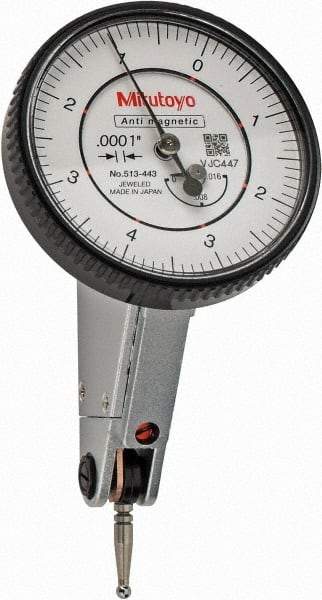 Mitutoyo - 0.016 Inch Range, 0.0001 Inch Dial Graduation, Horizontal Dial Test Indicator - 1.5748 Inch White Dial, 0-4-0 Dial Reading, Accurate to 0.0002 Inch - Industrial Tool & Supply