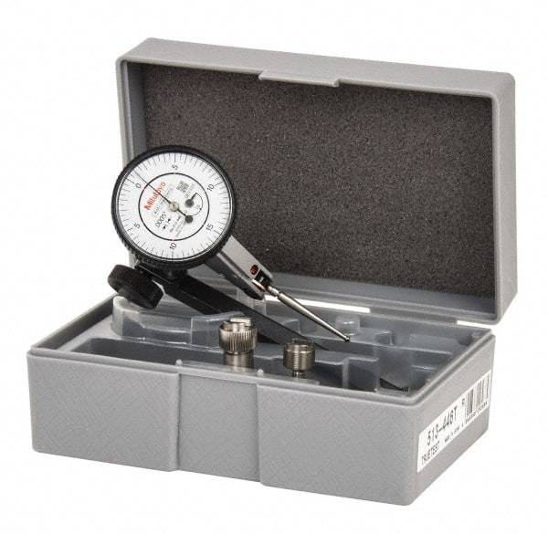 Mitutoyo - 9 Piece, 0" to 0.06" Measuring Range, 40mm Dial Diam, 0-15-0 Dial Reading, White Dial Test Indicator Kit - 0.0005" Accuracy, 1.33" Contact Point Length, 0.039, 0.079 & 0.118" Ball Diam, 0.0005" Dial Graduation - Industrial Tool & Supply