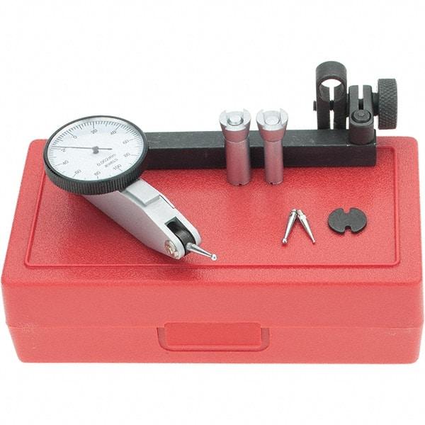 Starrett - 5 Piece, 0mm to 0.2mm Measuring Range, 1-3/8" Dial Diam, 0-100-0 Dial Reading, Yellow Dial Test Indicator Kit - 5/8" Contact Point Length, 2mm Ball Diam, 0.002mm Dial Graduation - Industrial Tool & Supply