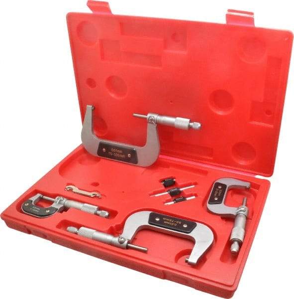 Value Collection - 0 to 100mm Range, 4 Piece Mechanical Outside Micrometer Set - 0.01mm Graduation, 0.000160, 0.000200 Accuracy, Ratchet Stop Thimble, Carbide Tipped, Forged Steel (Frame) Face - Industrial Tool & Supply
