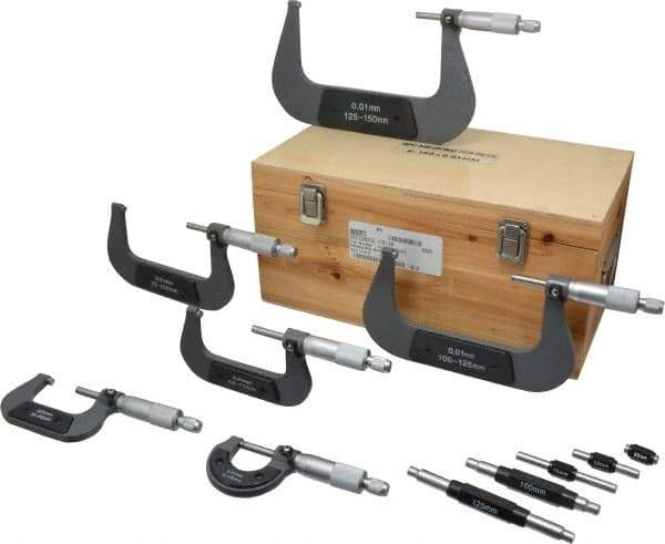 Value Collection - 0 to 150mm Range, 6 Piece Mechanical Outside Micrometer Set - 0.01mm Graduation, 0.000160, 0.000200, 0.000240 Accuracy, Ratchet Stop Thimble, Carbide Tipped, Forged Steel (Frame) Face - Industrial Tool & Supply