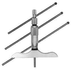 Fowler - 0 to 12" Range, 12 Rod, Satin Chrome Finish Mechanical Depth Micrometer - Ratchet Stop Thimble, 2-1/2" Base Length, 0.01mm Graduation, 0.176" Rod Diam - Industrial Tool & Supply