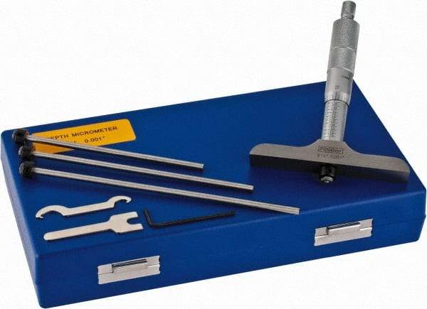 Fowler - 0 to 4" Range, 4 Rod, Satin Chrome Finish Mechanical Depth Micrometer - Ratchet Stop Thimble, 4" Base Length, 0.01mm Graduation, 0.176" Rod Diam - Industrial Tool & Supply