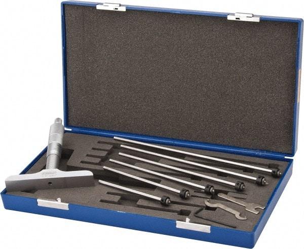 Fowler - 0 to 6" Range, 6 Rod, Satin Chrome Finish Mechanical Depth Micrometer - Ratchet Stop Thimble, 4" Base Length, 0.01mm Graduation, 0.176" Rod Diam - Industrial Tool & Supply