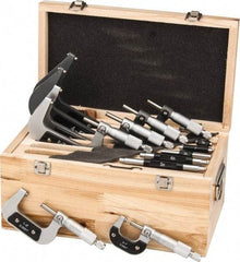 Value Collection - 0 to 6" Range, 6 Piece Mechanical Outside Micrometer Set - 0.0001" Graduation, 0.000160, 0.000200, 0.000240 Accuracy, Ratchet Stop Thimble, Carbide Tipped, Forged Steel (Frame) Face - Industrial Tool & Supply
