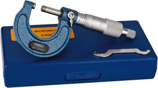 Fowler - Mechanical, 0 to 1 Inch Measurement, Baked Enamel Frame, Satin Chrome Graduations, Ball Anvil Micrometer - Accuracy up to 0.0001 Inch, 0.0001 Inch Graduation, Ratchet Stop Thimble - Industrial Tool & Supply