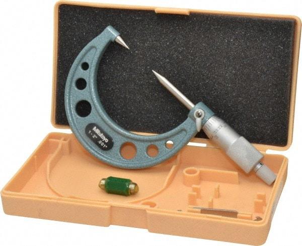 Mitutoyo - 1 to 2 Inch, 49mm Throat Depth, Ratchet Stop, Mechanical Point Micrometer - Accurate Up to 0.00015 Inch, 0.001 Inch Graduation, 0.5039 Inch Point Length, 30° Point Angle, 18mm Head Diameter, 6.35mm Spindle Diameter - Industrial Tool & Supply