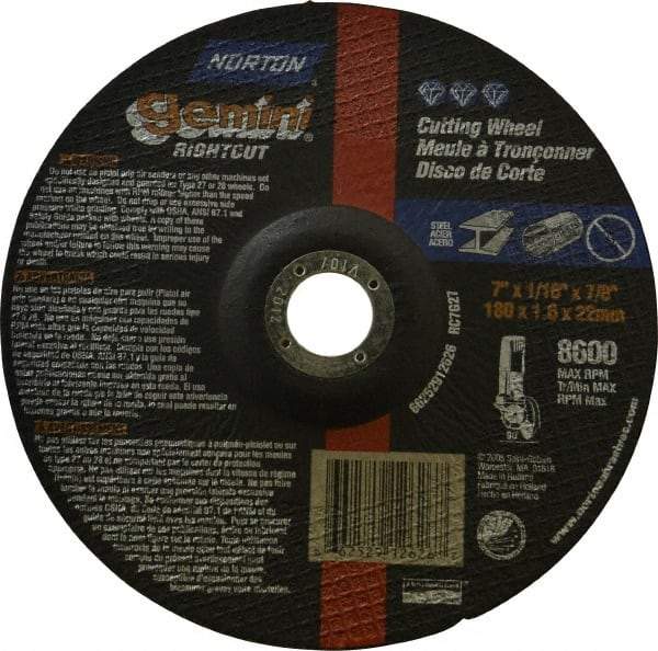 Norton - 7" Wheel Diam, 1/16" Wheel Thickness, 7/8" Arbor Hole, Type 27 Depressed Center Wheel - Aluminum Oxide, 8,600 Max RPM, Compatible with Angle Grinder - Industrial Tool & Supply
