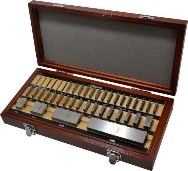 Mitutoyo - 36 Piece, 0.05 to 4", Grade 0, Steel Gage Block Set - Square, 12µ (4"), 5µ (0.05-0.4"), 6µ (0.45-1"), 8µ (2") Tolerance - Industrial Tool & Supply