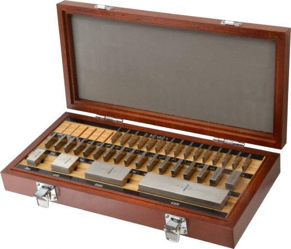 Mitutoyo - 36 Piece, 0.05 to 4", Grade AS-1, Steel Gage Block Set - Square, 12µ (0.45-1"), 16µ (2"), 24µ (4"), 8µ (0.05-0.4") Tolerance - Industrial Tool & Supply