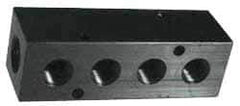 Made in USA - 1/2" Inlet, 1/4" Outlet Manifold - 3-1/4" Long x 1-1/2" Wide x 1-1/2" High, 0.2" Mount Hole, 2 Inlet Ports, 2 Outlet Ports - Industrial Tool & Supply