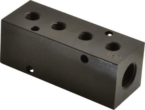 Made in USA - 3/8" Inlet, 1/8" Outlet Manifold - 4.12" Long x 1-1/4" Wide x 1-1/4" High, 0.2" Mount Hole, 2 Inlet Ports, 4 Outlet Ports - Industrial Tool & Supply