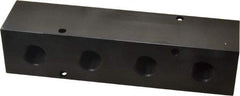 Made in USA - 1/2" Inlet, 3/8" Outlet Manifold - 6-1/4" Long x 1-1/2" Wide x 1-1/2" High, 0.2" Mount Hole, 2 Inlet Ports, 4 Outlet Ports - Industrial Tool & Supply