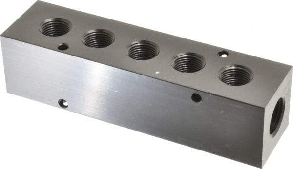 Made in USA - 1/2" Inlet, 3/8" Outlet Manifold - 5-3/4" Long x 1-1/2" Wide x 1-1/2" High, 0.2" Mount Hole, 2 Inlet Ports, 5 Outlet Ports - Industrial Tool & Supply