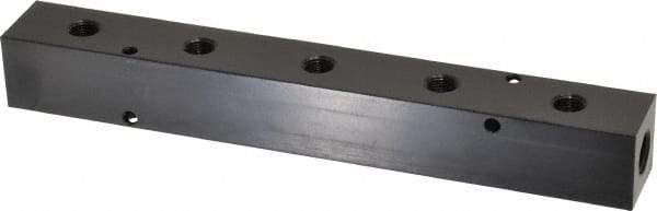 Made in USA - 1/4" Inlet, 1/8" Outlet Manifold - 7-1/2" Long x 1" Wide x 1" High, 0.17" Mount Hole, 2 Inlet Ports, 5 Outlet Ports - Industrial Tool & Supply