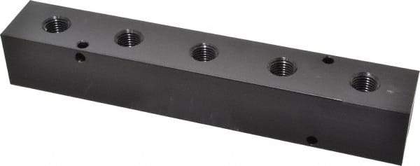 Made in USA - 3/8" Inlet, 1/4" Outlet Manifold - 7-3/4" Long x 1-1/4" Wide x 1-1/4" High, 0.2" Mount Hole, 2 Inlet Ports, 5 Outlet Ports - Industrial Tool & Supply
