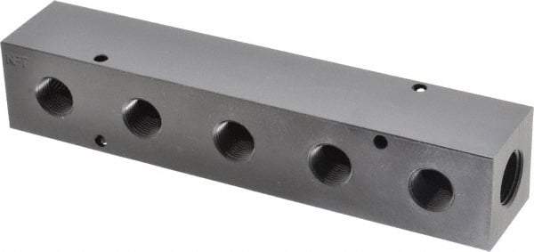 Made in USA - 1/2" Inlet, 3/8" Outlet Manifold - 7-3/4" Long x 1-1/2" Wide x 1-1/2" High, 0.2" Mount Hole, 2 Inlet Ports, 5 Outlet Ports - Industrial Tool & Supply