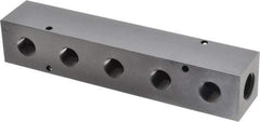 Made in USA - 1/2" Inlet, 3/8" Outlet Manifold - 7-3/4" Long x 1-1/2" Wide x 1-1/2" High, 0.2" Mount Hole, 2 Inlet Ports, 5 Outlet Ports - Industrial Tool & Supply