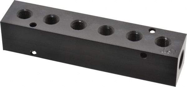 Made in USA - 1/4" Inlet, 1/8" Outlet Manifold - 4-3/4" Long x 1" Wide x 1" High, 0.17" Mount Hole, 2 Inlet Ports, 6 Outlet Ports - Industrial Tool & Supply