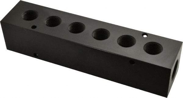 Made in USA - 1/2" Inlet, 3/8" Outlet Manifold - 6-3/4" Long x 1-1/2" Wide x 1-1/2" High, 0.2" Mount Hole, 2 Inlet Ports, 6 Outlet Ports - Industrial Tool & Supply