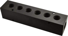 Made in USA - 1/2" Inlet, 3/8" Outlet Manifold - 6-3/4" Long x 1-1/2" Wide x 1-1/2" High, 0.2" Mount Hole, 2 Inlet Ports, 6 Outlet Ports - Industrial Tool & Supply