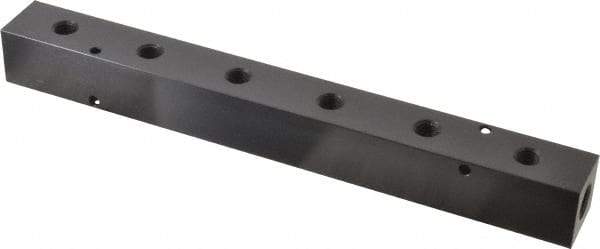 Made in USA - 1/4" Inlet, 1/8" Outlet Manifold - 9-1/4" Long x 1" Wide x 1" High, 0.17" Mount Hole, 2 Inlet Ports, 6 Outlet Ports - Industrial Tool & Supply