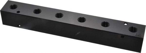 Made in USA - 3/8" Inlet, 1/4" Outlet Manifold - 9-1/4" Long x 1-1/4" Wide x 1-1/4" High, 0.2" Mount Hole, 2 Inlet Ports, 6 Outlet Ports - Industrial Tool & Supply