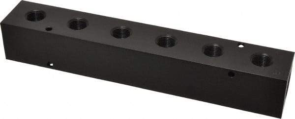Made in USA - 1/2" Inlet, 3/8" Outlet Manifold - 9-1/4" Long x 1-1/2" Wide x 1-1/2" High, 0.2" Mount Hole, 2 Inlet Ports, 6 Outlet Ports - Industrial Tool & Supply