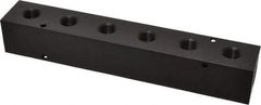 Made in USA - 1/2" Inlet, 3/8" Outlet Manifold - 9-1/4" Long x 1-1/2" Wide x 1-1/2" High, 0.2" Mount Hole, 2 Inlet Ports, 6 Outlet Ports - Industrial Tool & Supply