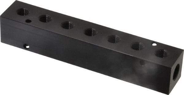Made in USA - 1/4" Inlet, 1/8" Outlet Manifold - 5-1/2" Long x 1" Wide x 1" High, 0.17" Mount Hole, 2 Inlet Ports, 7 Outlet Ports - Industrial Tool & Supply