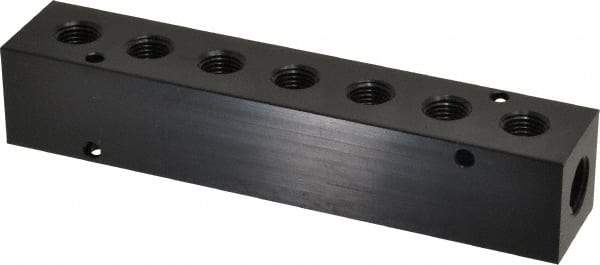 Made in USA - 3/8" Inlet, 1/4" Outlet Manifold - 6-3/4" Long x 1-1/4" Wide x 1-1/4" High, 0.2" Mount Hole, 2 Inlet Ports, 7 Outlet Ports - Industrial Tool & Supply