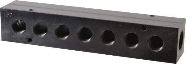 Made in USA - 1/2" Inlet, 3/8" Outlet Manifold - 7-3/4" Long x 1-1/2" Wide x 1-1/2" High, 0.2" Mount Hole, 2 Inlet Ports, 7 Outlet Ports - Industrial Tool & Supply