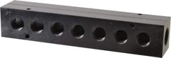 Made in USA - 1/2" Inlet, 3/8" Outlet Manifold - 7-3/4" Long x 1-1/2" Wide x 1-1/2" High, 0.2" Mount Hole, 2 Inlet Ports, 7 Outlet Ports - Industrial Tool & Supply