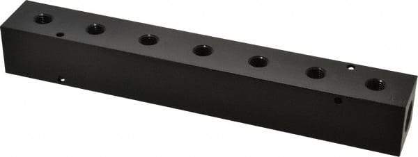 Made in USA - 1/2" Inlet, 1/4" Outlet Manifold - 10-3/4" Long x 1-1/2" Wide x 1-1/2" High, 0.2" Mount Hole, 2 Inlet Ports, 7 Outlet Ports - Industrial Tool & Supply