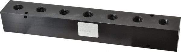Made in USA - 1/2" Inlet, 3/8" Outlet Manifold - 10-3/4" Long x 1-1/2" Wide x 1-1/2" High, 0.2" Mount Hole, 2 Inlet Ports, 7 Outlet Ports - Industrial Tool & Supply