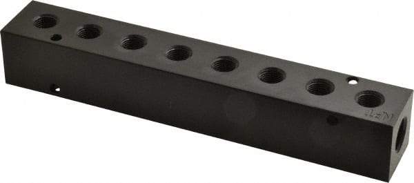 Made in USA - 1/4" Inlet, 1/8" Outlet Manifold - 6-1/4" Long x 1" Wide x 1" High, 0.17" Mount Hole, 2 Inlet Ports, 8 Outlet Ports - Industrial Tool & Supply