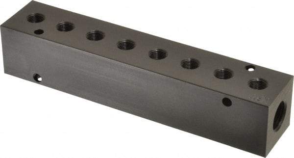 Made in USA - 3/8" Inlet, 1/8" Outlet Manifold - 7.62" Long x 1-1/4" Wide x 1-1/4" High, 0.2" Mount Hole, 2 Inlet Ports, 8 Outlet Ports - Industrial Tool & Supply