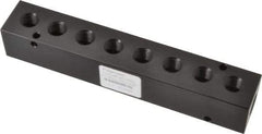 Made in USA - 3/8" Inlet, 1/4" Outlet Manifold - 7.62" Long x 1-1/4" Wide x 1-1/4" High, 0.2" Mount Hole, 2 Inlet Ports, 8 Outlet Ports - Industrial Tool & Supply