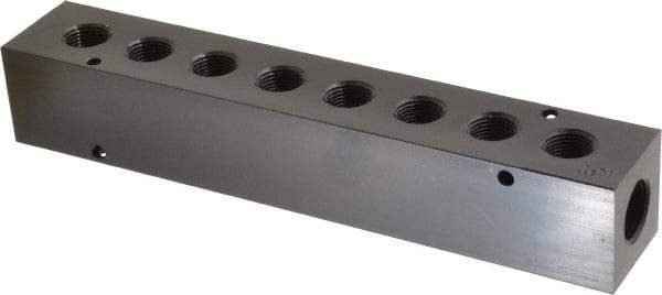 Made in USA - 1/2" Inlet, 3/8" Outlet Manifold - 8-3/4" Long x 1-1/2" Wide x 1-1/2" High, 0.2" Mount Hole, 2 Inlet Ports, 8 Outlet Ports - Industrial Tool & Supply