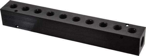 Made in USA - 3/8" Inlet, 1/4" Outlet Manifold - 9.38" Long x 1-1/4" Wide x 1-1/4" High, 0.2" Mount Hole, 2 Inlet Ports, 10 Outlet Ports - Industrial Tool & Supply
