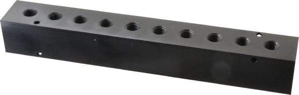 Made in USA - 1/2" Inlet, 1/4" Outlet Manifold - 10-3/4" Long x 1-1/2" Wide x 1-1/2" High, 0.2" Mount Hole, 2 Inlet Ports, 10 Outlet Ports - Industrial Tool & Supply