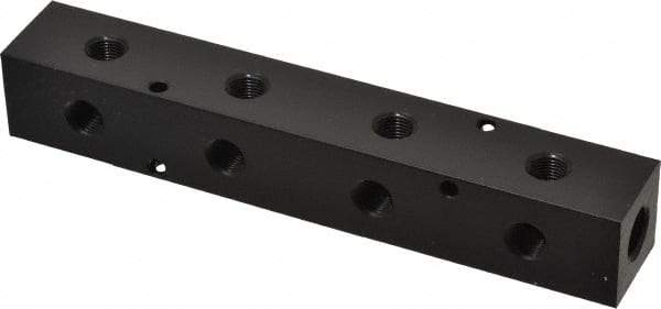 Made in USA - 1/4" Inlet, 1/8" Outlet Manifold - 6-1/4" Long x 1" Wide x 1" High, 0.17" Mount Hole, 2 Inlet Ports, 4 Outlet Ports - Industrial Tool & Supply