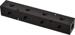 Made in USA - 1/4" Inlet, 1/8" Outlet Manifold - 6-1/4" Long x 1" Wide x 1" High, 0.17" Mount Hole, 2 Inlet Ports, 4 Outlet Ports - Industrial Tool & Supply