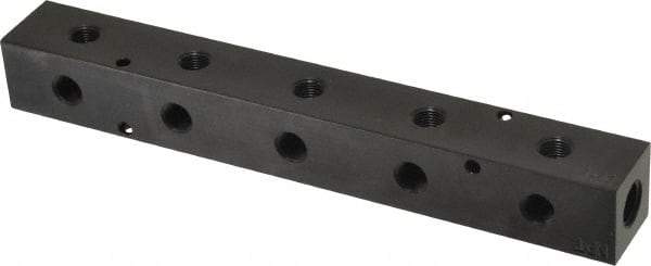 Made in USA - 1/4" Inlet, 1/8" Outlet Manifold - 7-1/2" Long x 1" Wide x 1" High, 0.17" Mount Hole, 2 Inlet Ports, 5 Outlet Ports - Industrial Tool & Supply
