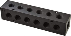 Made in USA - 1/2" Inlet, 3/8" Outlet Manifold - 6-3/4" Long x 1-1/2" Wide x 1-1/2" High, 0.2" Mount Hole, 2 Inlet Ports, 6 Outlet Ports - Industrial Tool & Supply